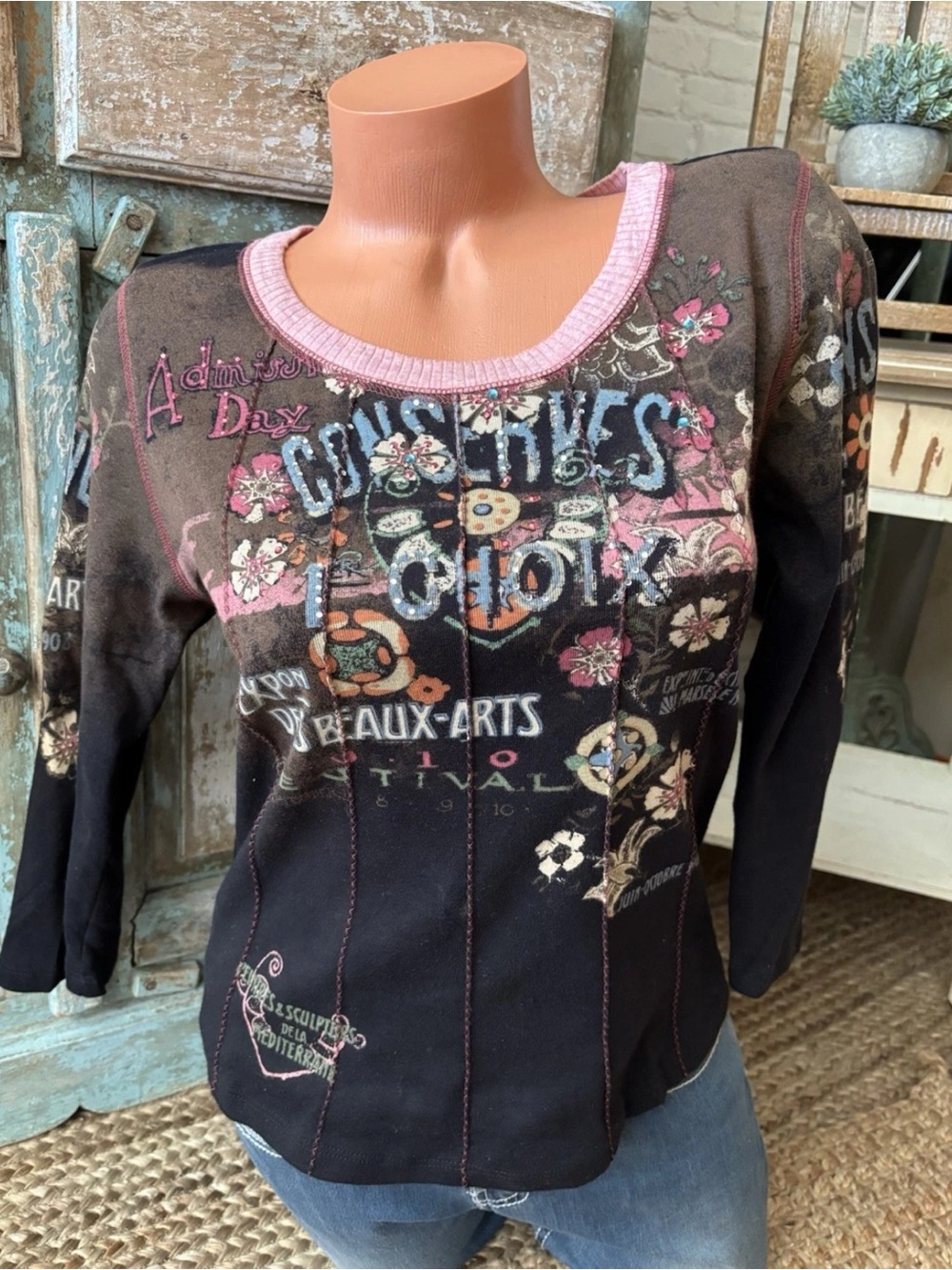 VANILLA SUGAR French Theme Embellished Women’s 3/4 Sleeve Top ” Sz M NWOT!